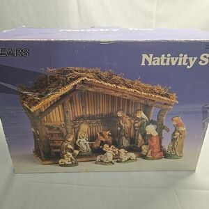 Vintage Sears 32 97890 Hand Painted Wooden Nativity Set Stable & 11 Figures!